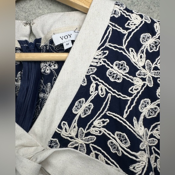VOY Navy White Embroidered Ruffle Sleeve Cotton Dress M - Picture 5 of 9